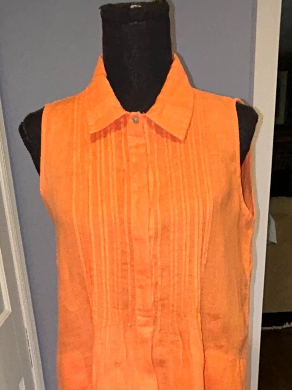 Amore Linen Sleeveless Shirt Dress, Orange, Collared, Button Front, Ladies Large